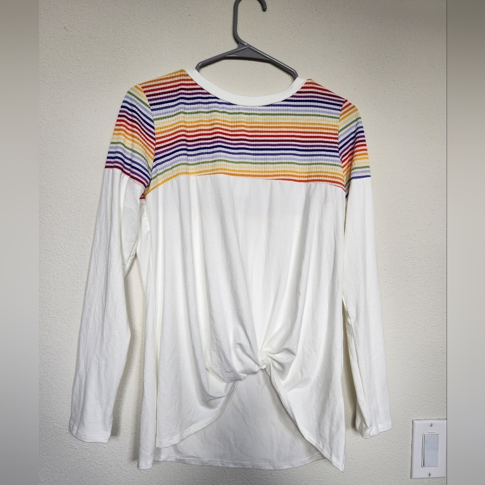 Medium Red Lolly, long sleeve rainbow shirt, knot at bottom